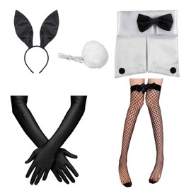 KAYLRE Women's Bunny Accessory Set Rabbit Ears Headband Collar Bow Tie Costume Cuffs Rabbit Tail Costume Cosplay Party (7 Pieces)