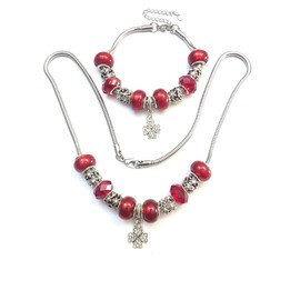 Women's Red Charms Jewellery Set Stainless Steel Clover Pendant with Crystals