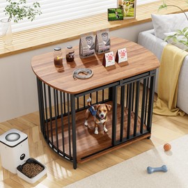 Dog Crate Furniture, 31.5” Wooden Cage Indoor Kennel with Adjustable Feet and Safety Lock Door for Small and Medium Dogs, Brown Decorative End Table Pet House, Easy to Clean