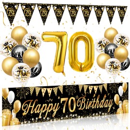 70th Birthday Decoration Man Woman, 70th Happy Birthday Banner Black Gold, Balloons 70th Birthday Garland Bunting, Decoration 70th Birthday Background Balloons Black Gold for 70th Birthday Decoration