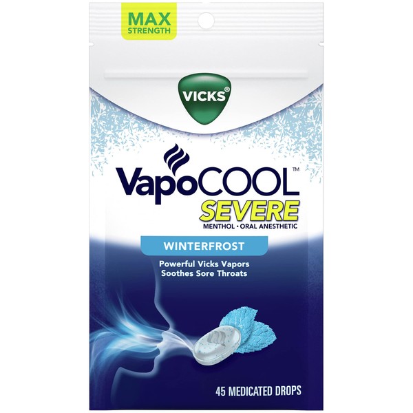 Vicks VapoCOOL Severe Medicated Drops 45ct, Maximum-Strength Relief to Soothe Sore Throat Pain