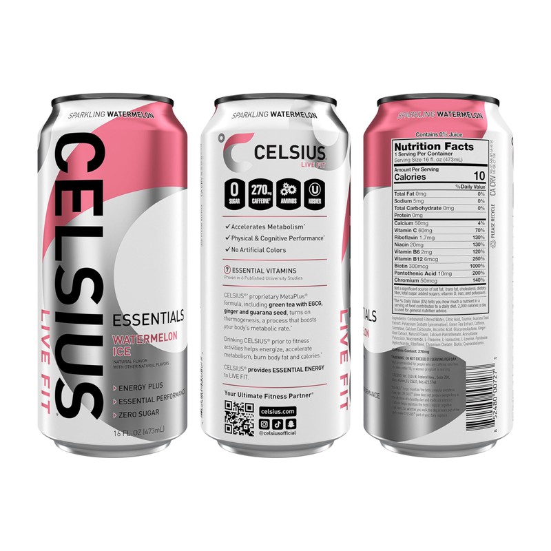 CELSIUS ESSENTIALS™ Sparkling Watermelon Ice, Sugar Free Performance Energy Drink,