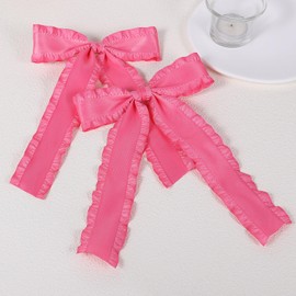 Hot Pink Ribbon Hair Bow Barrettes Clips 5.5 in Big Silky Ruffle Satin Lettuce Edge Bow-Knot Alligator Hairpins Ponytail Holder Accessories for Women Girls Toddlers Teens Kids
