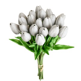 Mandy's 20pcs Silver Grey Artificial Tulip Silk Fake Flowers 13.5" for New Year Spring Mother's Day Easter Gifts in Bulk Home Kitchen Wedding Decorations