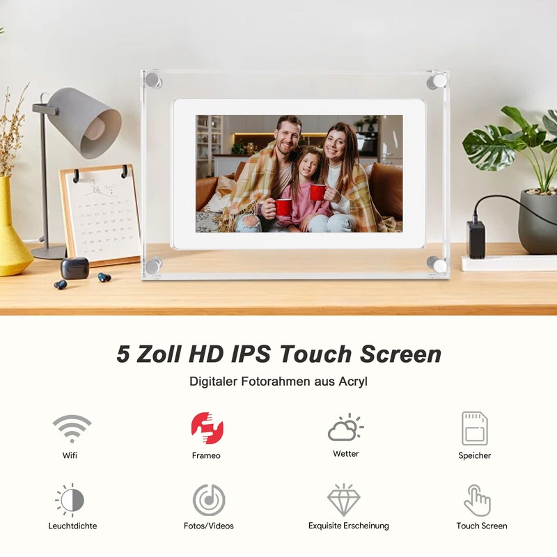 PiPivision 5 Inch Acrylic Digital Picture Frame with HD Touchscreen
