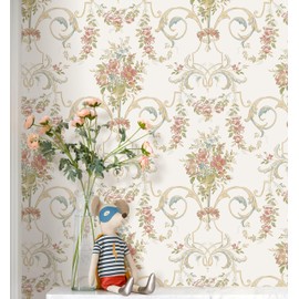 Erfoni 16.9"x118" Floral Peel and Stick Wallpaper Cream Wallpaper Boho Contact Paper Pink Floral Self Adhesive Wallpaper for Bedroom DIY Removable Contact Paper Vintage Decorative Wallpaper Vinyl Roll