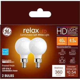 GE Relax LED Light Bulbs, 40 Watt, Soft White, G16.5 Globe Bulbs, Frosted, Small Base (2 Pack)