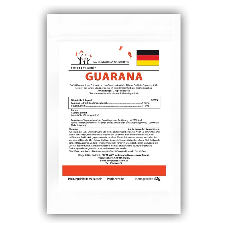 Forest Vitamin Strong Guarana 525 mg, 60 Capsules, Paullinia Cupana,