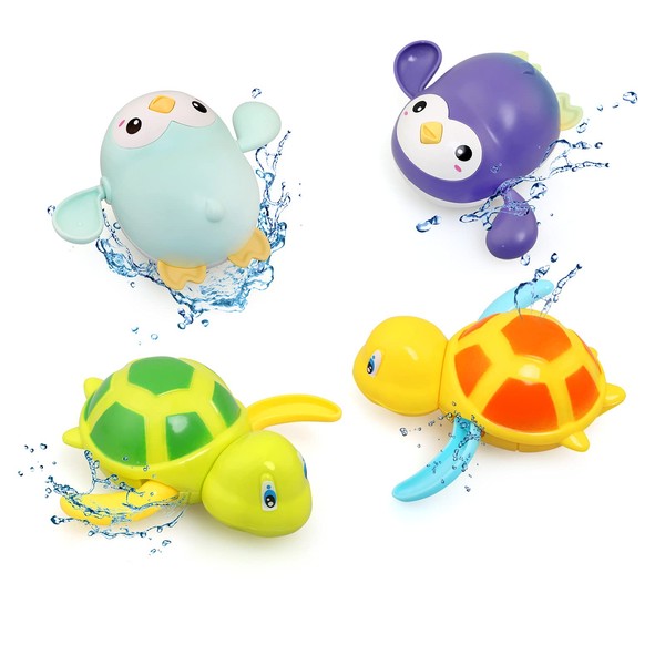 BelleStyle Baby Bath Toys, 4 Pieces Baby Bath Toys, Pool Toys for Bathtub Set, Turtle Penguin Floats Bath Toys, Water Games Children for 1-4 Years
