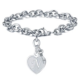 Birthday Gifts for Women Jewelry Bracelet - Engraved Letter N Initial Bracelet Stainless Steel Womens Heart Letter Charm Bracelet Mothers Day Birthday Jewelry Gift Present for Her Women Bracelet
