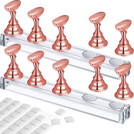 Blulu 2 Set Acrylic Nail Design Practice Stands Magnetic Nails Holders Training Fingernail Display Stands DIY Nail Crystal Holders and 96 Pieces White Reusable Adhesive Putty (Metal Rose Gold)