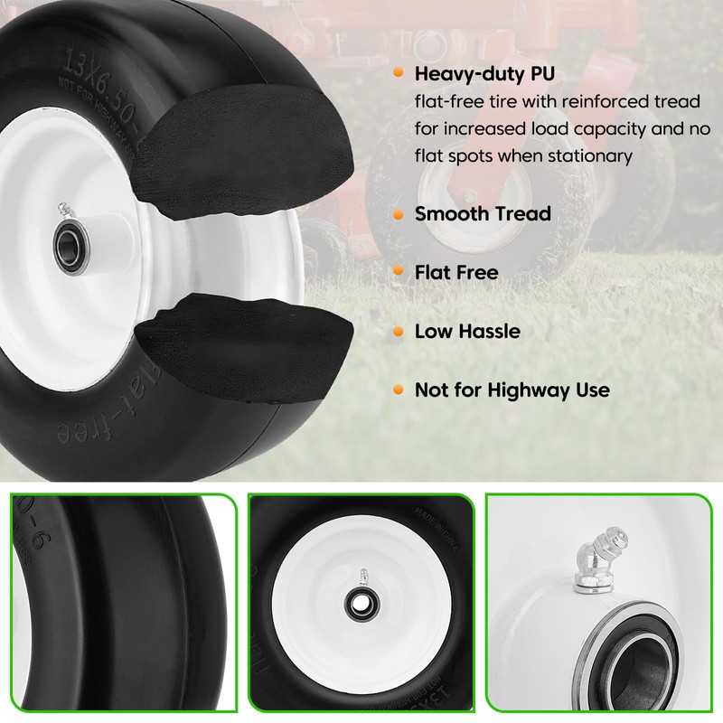 2PCS 13x6.50-6 Flat Free Tire and Wheel with 1/2" &