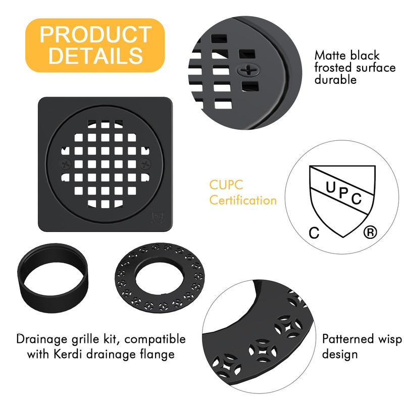 Yaseingoo 4" Square Shower Drain Grate Replacement Kit - SUS