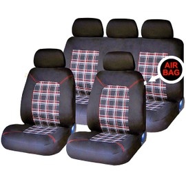 Car Seat and Headrest Covers - 'Lambeth' Full Set in Black with Red/White Checked Stitching Design - Universal Easy Fit