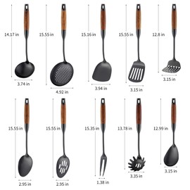 Stainless Steel Kitchen Utensils Set with Wood Handle, 18/10 Metal Cooking Utensils Set, 10-Piece - Spatula, Spoon, Ladle, Skimmer, Slotted Turners, Pasta Server, Fork, Masher(Dishwasher Safe)