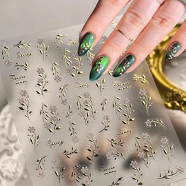 JMEOWIO 3D Nagelsticker Goldene Blätter Blumen Nail Art Sticker Selbstklebend Nagelaufkleber 5D Stereoskopisch Dekoration Nageldesign Zubehör 1 Blatt