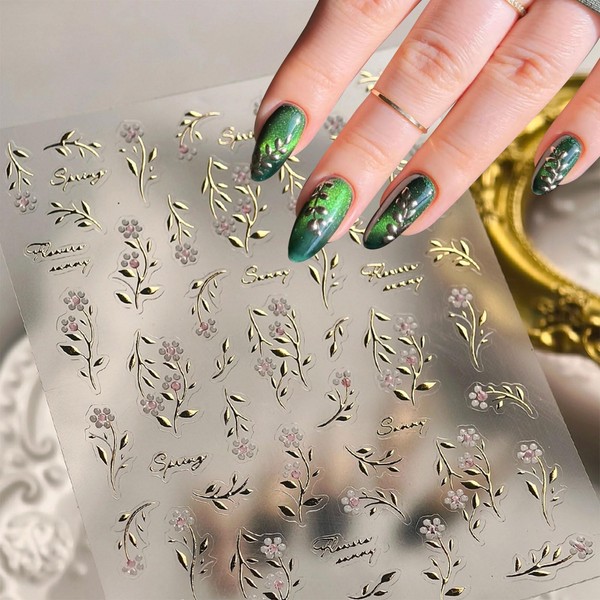 JMEOWIO 3D Nagelsticker Goldene Blätter Blumen Nail Art Sticker Selbstklebend