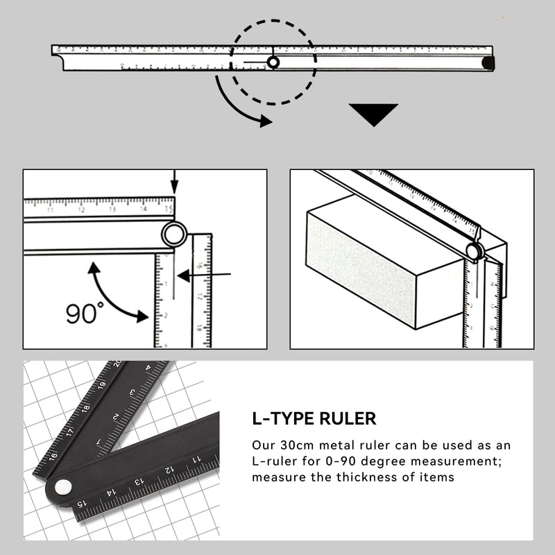 30cm Folding Ruler, 90° Foldable Metal Aluminum Ruler 0-300mm Length