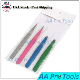 AA Pro 4 Precision Tweezers Set Splinter & Ingrown Hair Removal Women Pointed & Slanted