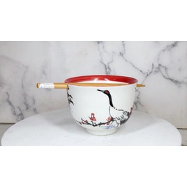Japanese Crane On Cherry Blossoms Ceramic Donburi Ramen Bowl With Chopsticks Set