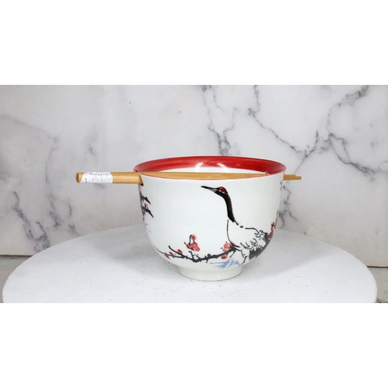 Japanese Crane On Cherry Blossoms Ceramic Donburi Ramen Bowl With