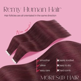 Moresoo Dark Red Tape in Hair Extensions Human Hair Burgundy Tape in Extensions Red Real Human Hair 30g/20pcs 10 inch