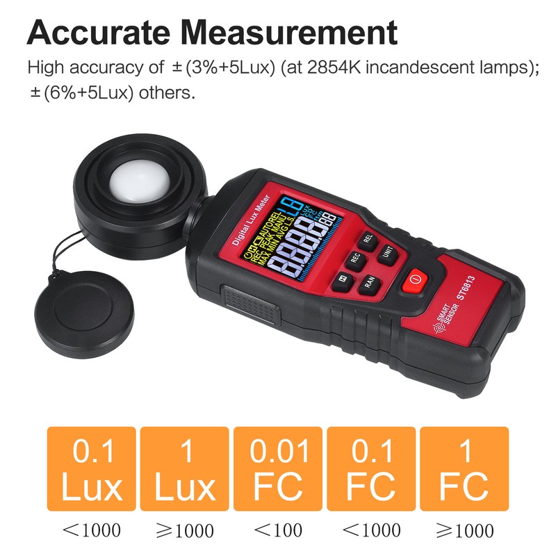 SMART SENSOR ST6813 Handheld Illuminometer LCD Color Screen Digital Illuminance