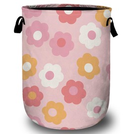 Retro Pink Flower Laundry Basket, Laundry Hamper Collapsible Oxford Cloth with Handle Clothes Toy Storage Bin for Bathroom Laundry Room Bedroom 15.7 X 20 Inch