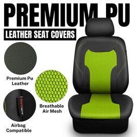 CAR-GRAND Leather Car Seat Covers Full Set, Airbag Compatible Breathable Air Mesh Car Seat Covers, Universal Fit Seat Covers Protector for Cars Trucks SUV Pick-up Sedan Interior (Black Green)