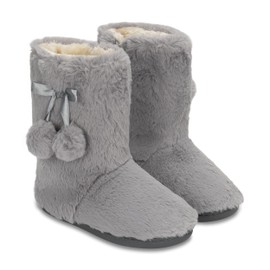 Polar Womens Faux Fur Slipper Boots - Memory Foam Indoor Bootie Slipper with Anti-Slip Rubber Sole - Soft and Fluffy House Slipper with Cute Pompoms - Ankle Boot Slippers - Light Grey AYC0902/UK6