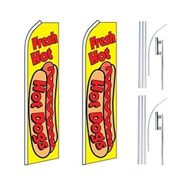 2 Swooper Flutter Feather Flags plus 2 Poles & Ground Spikes FRESH HOT Hot Dogs Yellow Red