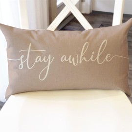 PANDICORN Modern Farmhouse Pillow Covers 12x20 with Words Stay Awhile Cozy Relax Pillow Cover Sayings Beige Rustic Outdoor Decorations Lumbar Throw Pillows Case for Home Guest Room Couch Porch Decor