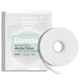 Davids Expanding Dental Floss + Refill w/Hydroxyapatite, No Break Woven Strands, Waxed, Vegan, Cocoa Butter & Mint, Kid Friendly, Refillable Dispenser, 66 yd
