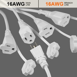 KUNCAN 4 Way Power Splitter - 45 Degrees Lower Right Corner Downward Angled US Flat Plug 1 to 4 Extended Outlets Male to Female SVT 16AWG Extension Cable Strip for Home, Office, School (White 1-Pack)