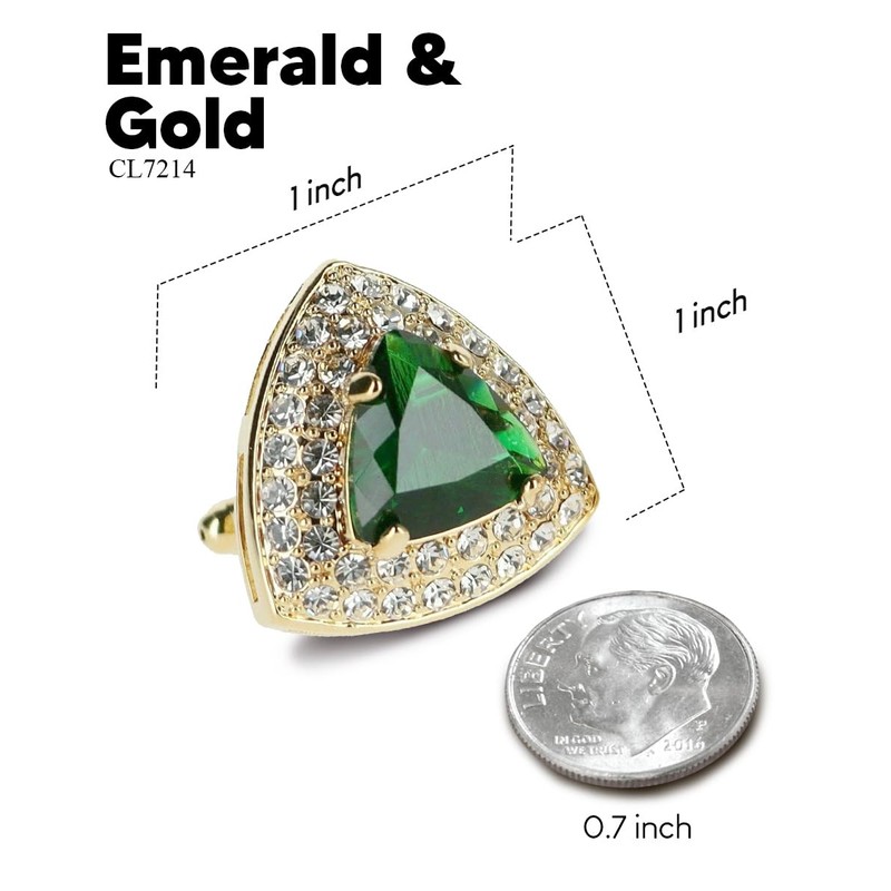 Vittorio Vico Triangular Crystal Diamond Set Cuff Links (Emerald/Gold, CL-7214)