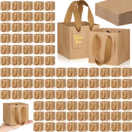 Kolldenn 100 Pcs Small Brown Gift Bags with Handles 4"×4"×4" Mini Kraft Paper Square Gift Bags Bulk with 100 Blank DIY Tags for Wedding Birthday Graduation Shopping Business Party