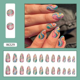 Almond Press on Nails, Medium Fake Glossy Glue Nails Colorful Swirl Acrylic, Bling Glitter Artificial Rainbow Stripe Stick False with Design 24 pcs.
