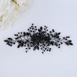 Teyglen Bridal Black Crystal Hair Vine Vintage Black Headpiece Flower Wedding Headband Handmade Black Rhinestone Pearl Hair Piece Floral Hair Accessories for Women Girls