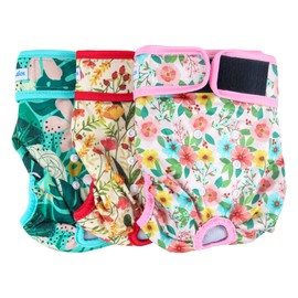 Leekalos Reusable Washable Dog Diapers Female (3 Pack) - Highly Absorbent Doggie Diapers - Size Adjustable Puppy Diapers for Dog Period Panties (Medium, Flora)
