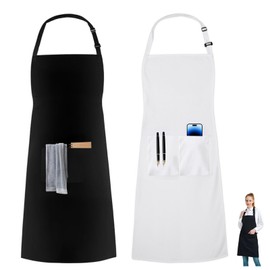 YONEEKSS 2 Pack Kitchen Apron Adjustable Bib Apron with 2 Pockets, Home Kitchen Chef Aprons for Cooking, Baking, BBQ, Restaurant, Coffee house, Unisex(Black and White)