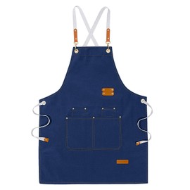 LOYGLIF Chef Aprons for Men Women with Large Pockets, Cotton Canvas Cross Back Adjustable Cooking Kitchen Work Waterproof Bib Apron Blue