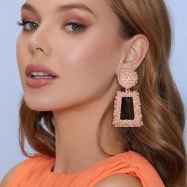 EVER FAITH Metal Statement Rose Gold Rectangle Geometric Earrings, Large Square Drop Dangle Earrings for Women Girls