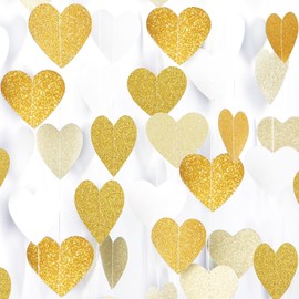White-Gold Champagne Party-Decorations Graduation Heart Garland Streamers - 52Ft Bachelorette Engagement Hanging Paper Banner, Bridal Baby Shower Wedding Birthday Decor Party Supplies