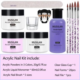 MUSILAN Acrylic Nail Kit Acrylic Powder and Professional Liquid Monomer set with 5pcs Acrylic Nail Brush tips for Acrylic Nails Extension Beginner kit for Acrylic Nails Nail Art Starter Kit