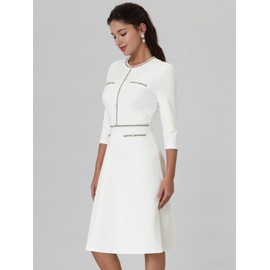 Hobemty Women's 3/4 Sleeve A-Line Dress 2024 Elegant Office Tweed Church Dresses Small White