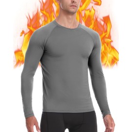 Roadbox Men's Thermal Compression Shirts, Long Sleeve Fleece Lined Undershirt, Cold Weather Workout Athletic Base Layer Top Light Gray