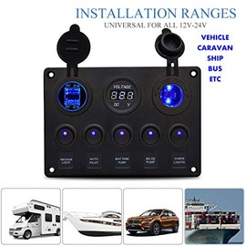 5 Gang Rocker Switch Panel 12V Waterproof for RV Boat Car Vehicles Truck Marine, Toggle Led Switch Panel Digital Voltmeter Display Dual USB Charger Port DC