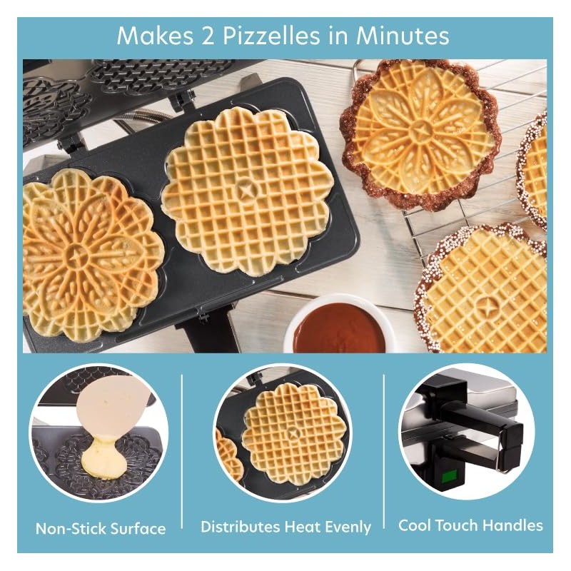 Pizzelle Maker- Nonstick Electric Baker Press Makes Two 5-Inch Cookies