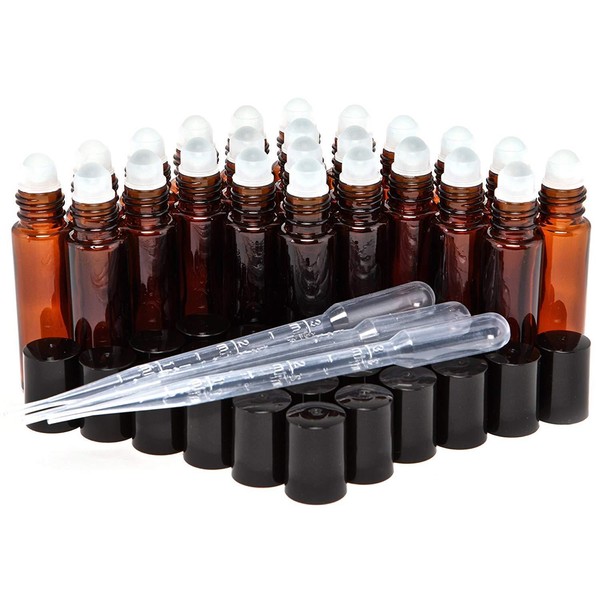 10ml Amber Glass Roll-on Bottles , Glass Roller Ball, 24 Pk + 3 Droppers