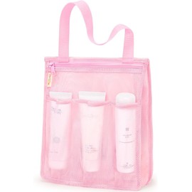 Travel Hanging Toiletry Bath Organizer Caddy with Zipper, 1Pc College Dorm Room Net Essentials Bag with 4 Pockets, Shower Caddy Quick Dry Mesh Tote Bag for Gym, Travel, Pink